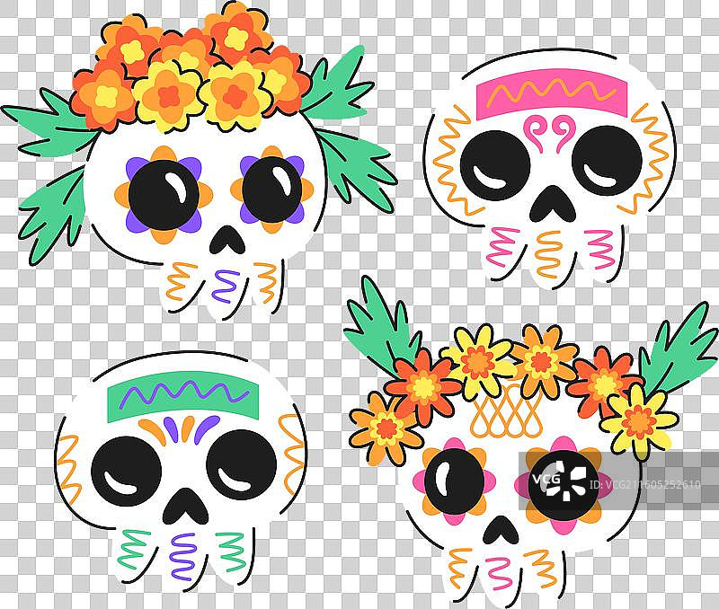 手绘的墨西哥亡灵节骷髅头合集图片素材