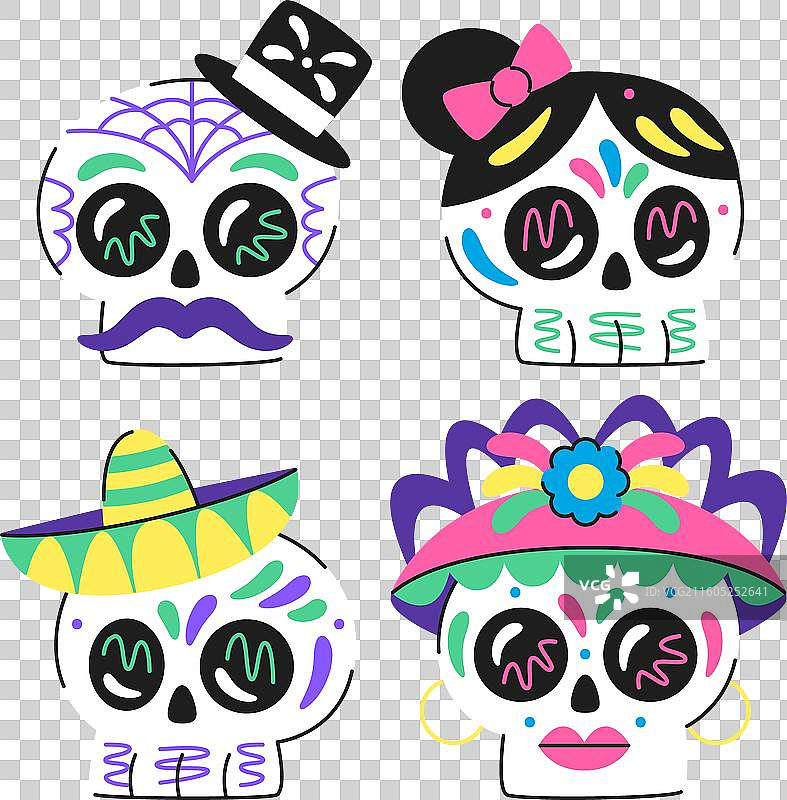 手绘的平面亡灵节头骨集合图片素材