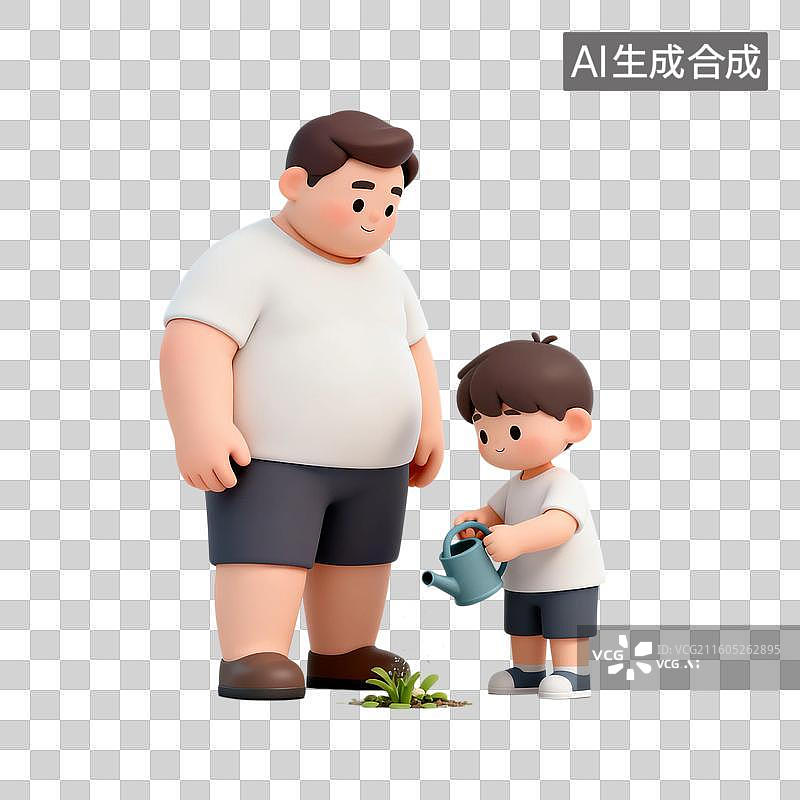 【AI数字艺术】父子一起给植物浇水图片素材