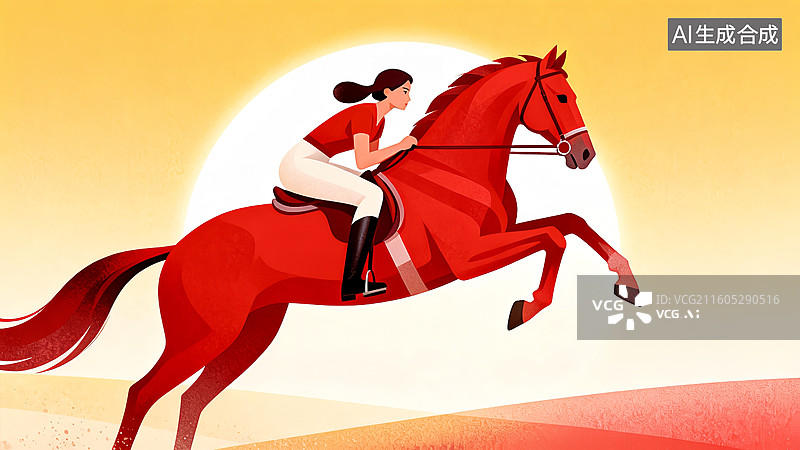【AI数字艺术】一个男人骑红马 一马当先 马年主题插画图片素材
