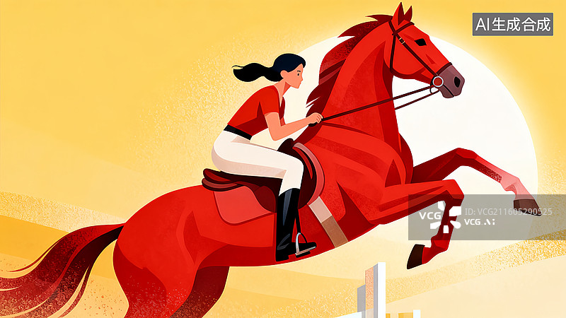 【AI数字艺术】一个男人骑红马 一马当先 马年主题插画图片素材