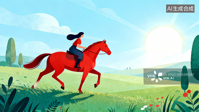 【AI数字艺术】一个男人骑红马 一马当先 马年主题插画图片素材