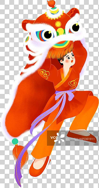 春节元宵节舞狮少年红色喜庆国潮插画图片素材