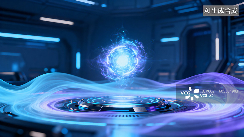 【AI数字艺术】高科技室内的未来感发光能量球图片素材