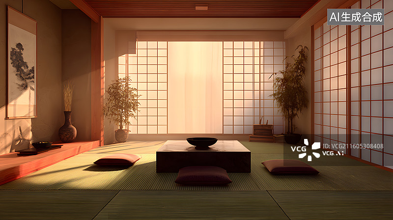 【AI数字艺术】日式禅意室内景观图片素材
