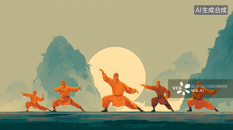 【AI数字艺术】功夫武僧日出练武图片素材