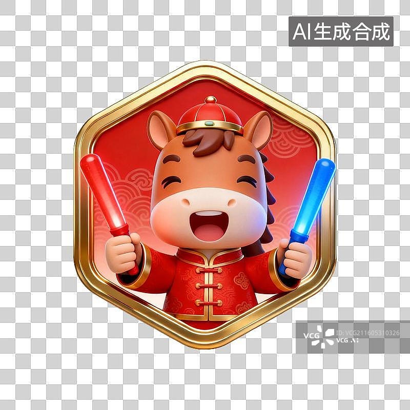 【AI数字艺术】国潮生肖马徽章系列营销素材：手拿荧光棒助威图片素材