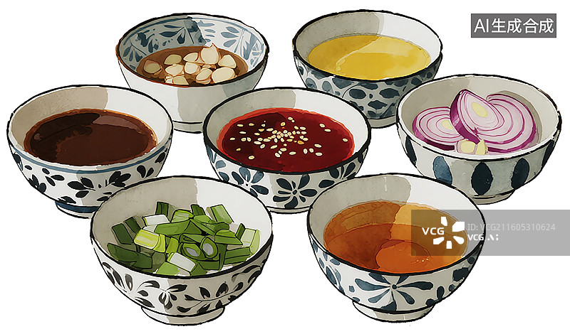 【AI数字艺术】一些青花瓷碗装着各种中餐调味料图片素材