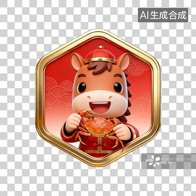 【AI数字艺术】国潮生肖马徽章系列营销素材：手拿大螃蟹图片素材