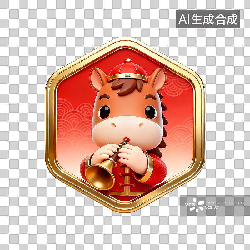 【AI数字艺术】国潮生肖马徽章系列营销素材：吹奏唢呐民乐图片素材