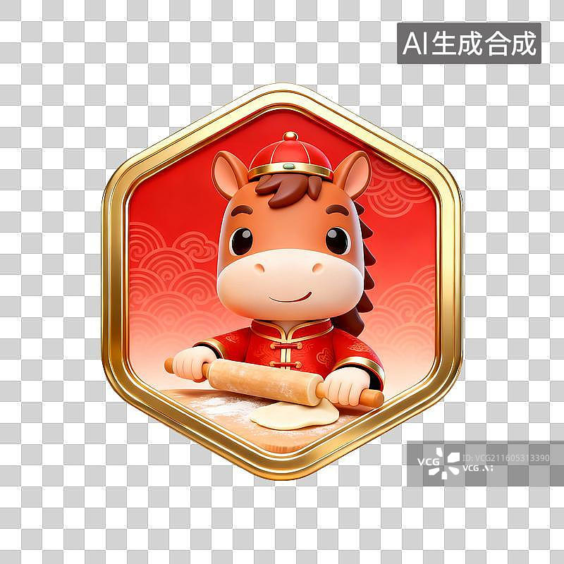 【AI数字艺术】国潮生肖马徽章系列营销素材：拿着擀面杖擀面图片素材