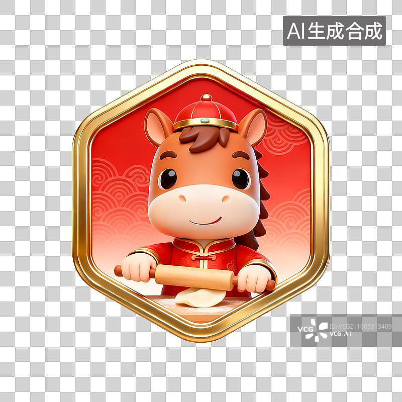 【AI数字艺术】国潮生肖马徽章系列营销素材：拿着擀面杖擀面图片素材