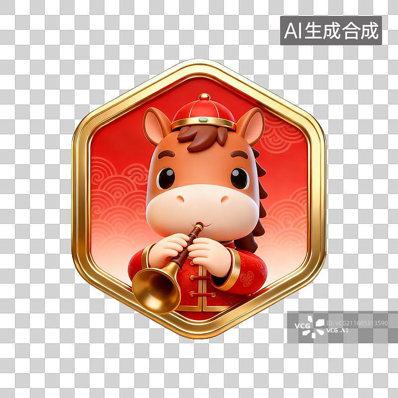 【AI数字艺术】国潮生肖马徽章系列营销素材：吹奏唢呐民乐图片素材
