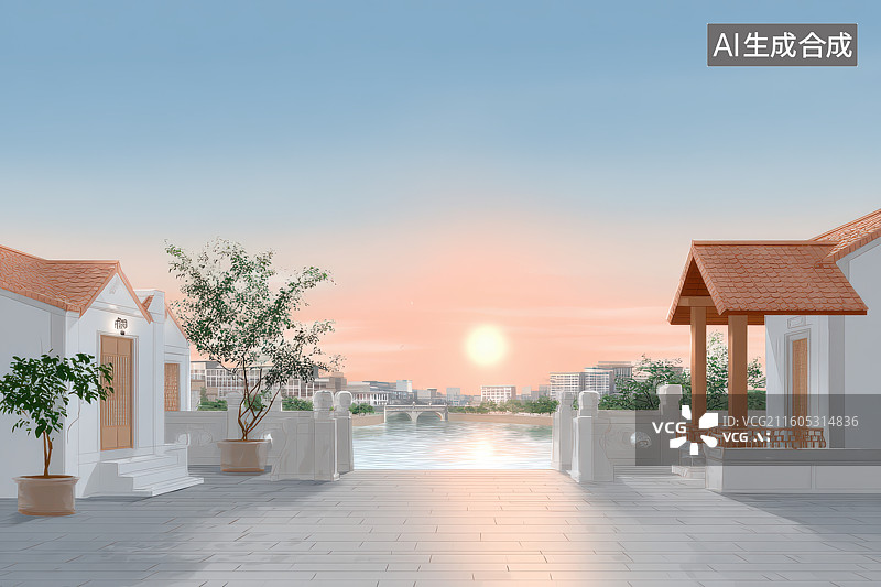 【AI数字艺术】水彩风格乡村日落景观图片素材
