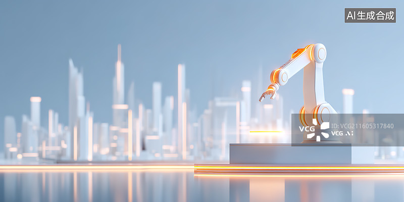 【AI数字艺术】城市天际线背景下的机械臂产品展台——科技进步创造美好生活主题图片素材