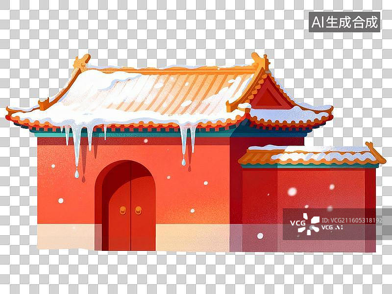 【AI数字艺术】扁平风立春节气中式古建屋顶上融化的积雪插画图片素材