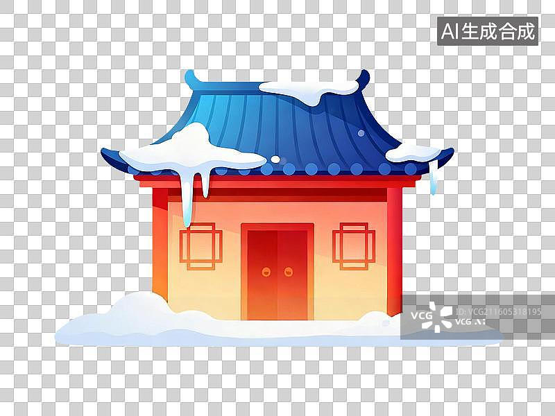 【AI数字艺术】扁平风立春节气中式古建屋顶上融化的积雪插画图片素材