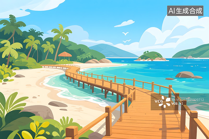 【AI数字艺术】海上木栈道景观插画图片素材
