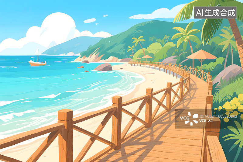 【AI数字艺术】海上木栈道景观插画图片素材