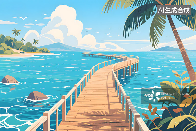 【AI数字艺术】海上木栈道景观插画图片素材