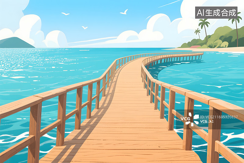 【AI数字艺术】海上木栈道景观插画图片素材