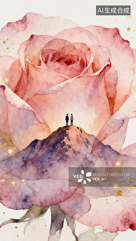 【AI数字艺术】玫瑰花和情侣剪影创意插画 情人节主题插画图片素材