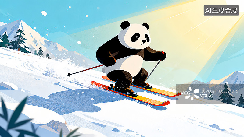 【AI数字艺术】大熊猫滑雪 儿童插画 动物主题插画图片素材