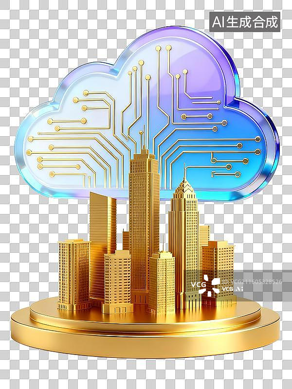 【AI数字艺术】3D金色城市摩天大楼云端智慧城市，城市，大数据，云科技，人工智能，智慧城市图片素材