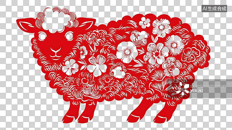 【AI数字艺术】红色剪纸羊图案图片素材