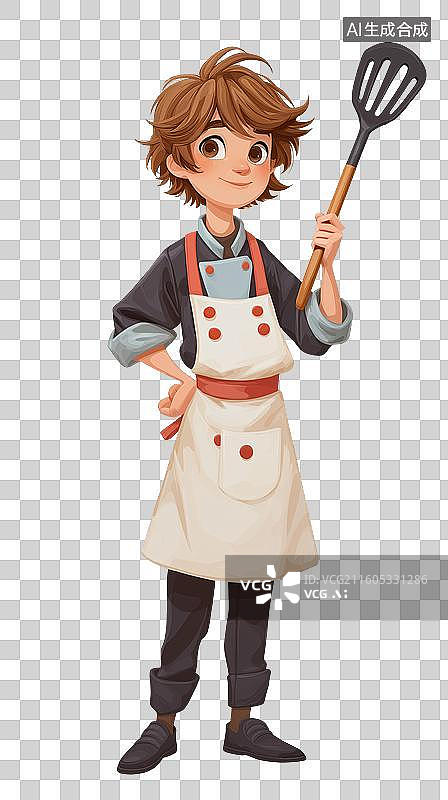 【AI数字艺术】穿围裙持锅铲的男孩图片素材
