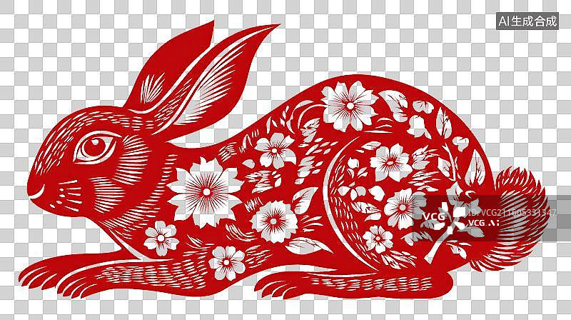 【AI数字艺术】红色剪纸兔子图案图片素材