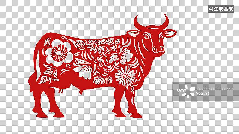 【AI数字艺术】红色剪纸牛图案图片素材