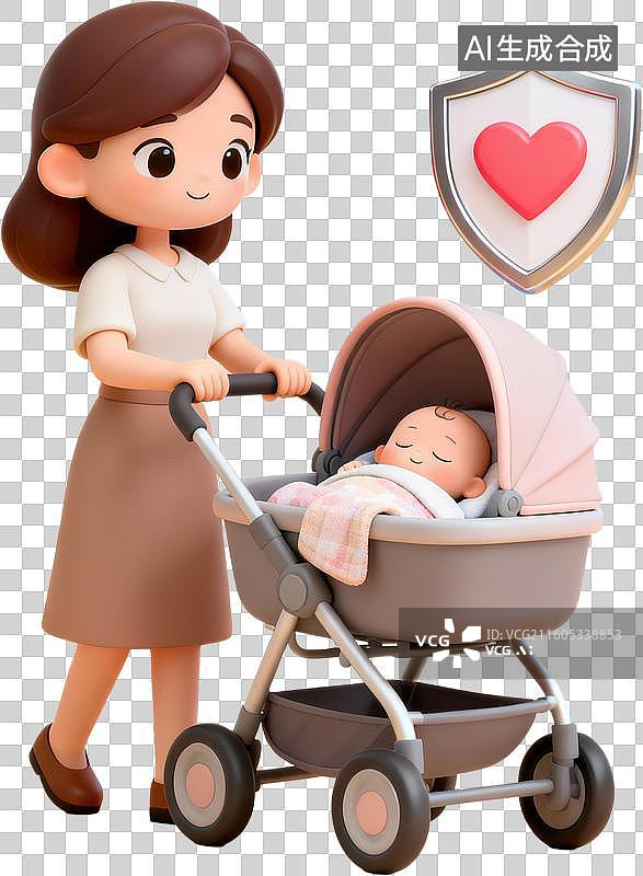 【AI数字艺术】卡通3D立体插画推婴儿车散步的妈妈设计元素图片素材