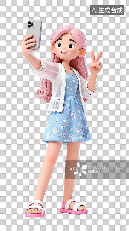 【AI数字艺术】3d粘土风格旅游出行自拍的女生人物元素图片素材