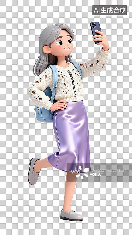 【AI数字艺术】3d粘土风格旅游出行自拍的女生人物元素图片素材