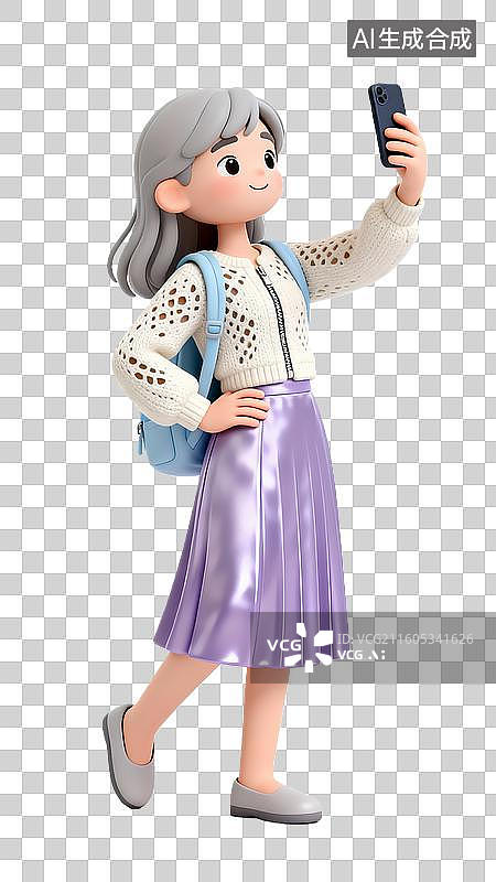 【AI数字艺术】3d粘土风格旅游出行自拍的女生人物元素图片素材