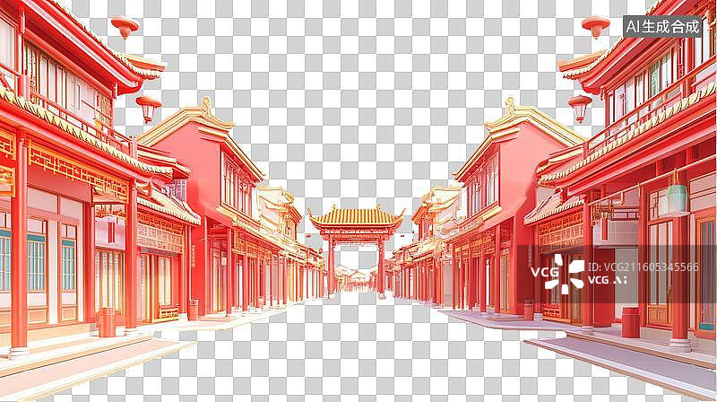 【AI数字艺术】红墙金瓦古风建筑中式街道图片素材