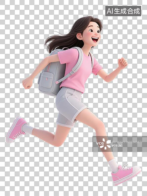 【AI数字艺术】背着书包奔跑的女孩3D卡通人物插画图片素材
