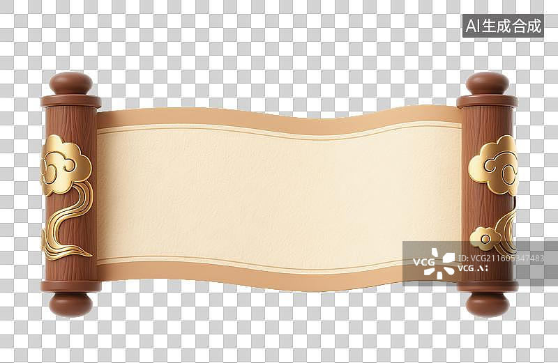 【AI数字艺术】3D三维中国风卷轴祥云褐色木纹做旧庆典装饰标题边框饰图片素材