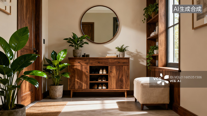 【AI数字艺术】温馨自然简约的木柜镜子绿植换鞋凳玄关空间图片素材