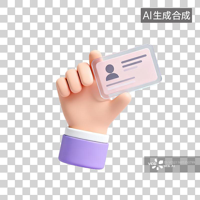 【AI数字艺术】3D磨砂玻璃材质手势手拿身份证ID卡元素图片素材