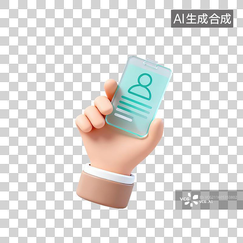 【AI数字艺术】3D磨砂玻璃材质手势手拿身份证ID卡元素图片素材
