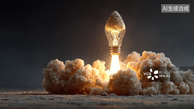 【AI数字艺术】灯泡从烟雾中升起发光图片素材