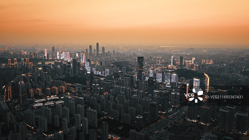 中国 山东 济南CBD汉峪金谷日落时刻航拍图片素材
