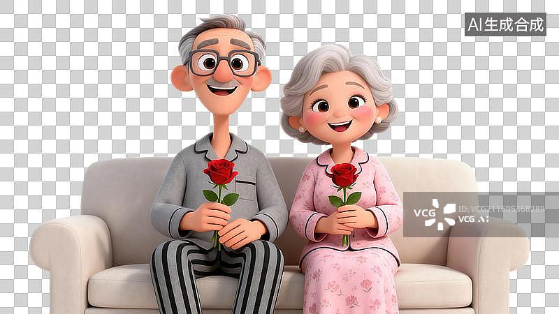 【AI数字艺术】老年夫妇手持玫瑰坐沙发图片素材