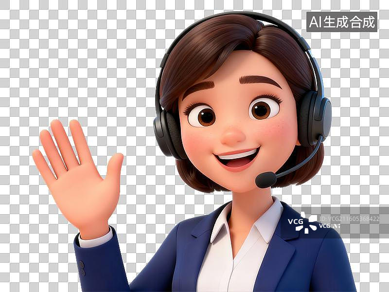 【AI数字艺术】戴耳机的女性客服挥手图片素材