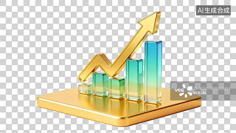 【AI数字艺术】3D金融大数据金色箭头蓝色绿色柱状图图片素材