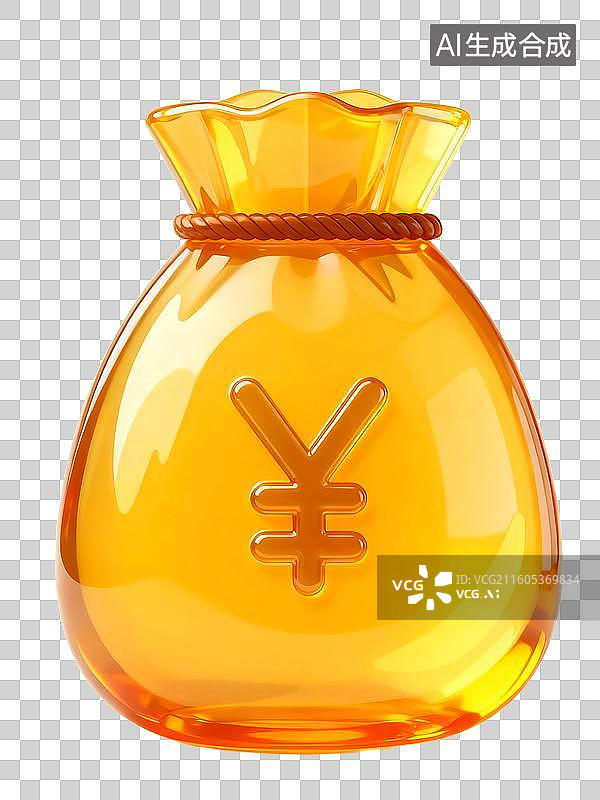 【AI数字艺术】3D黄色玻璃质感人民币符号钱袋免抠元素图片素材