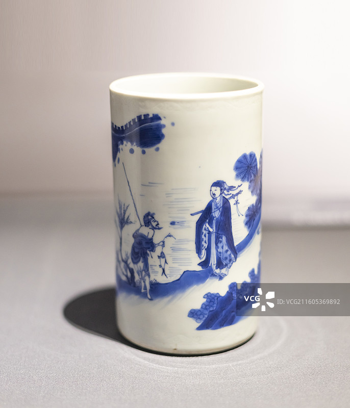 青花文王访贤图笔筒 明崇祯 中国国家博物馆图片素材