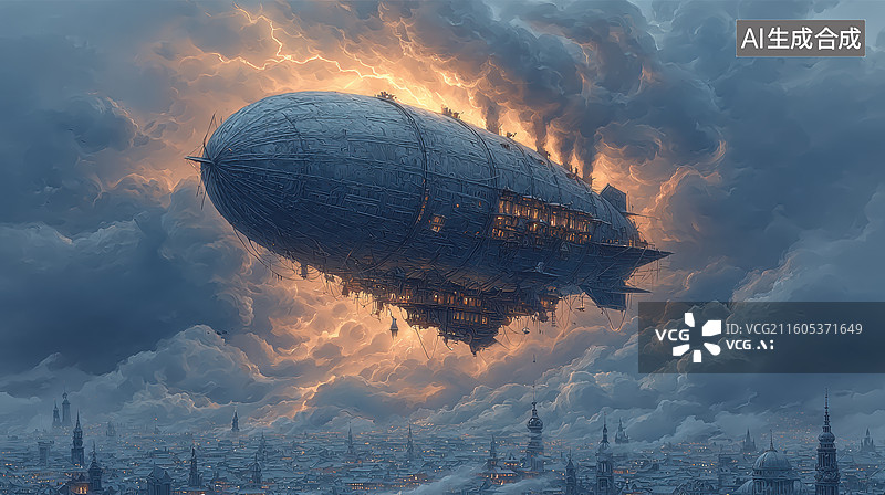 【AI数字艺术】飞艇翱翔于云层之上图片素材